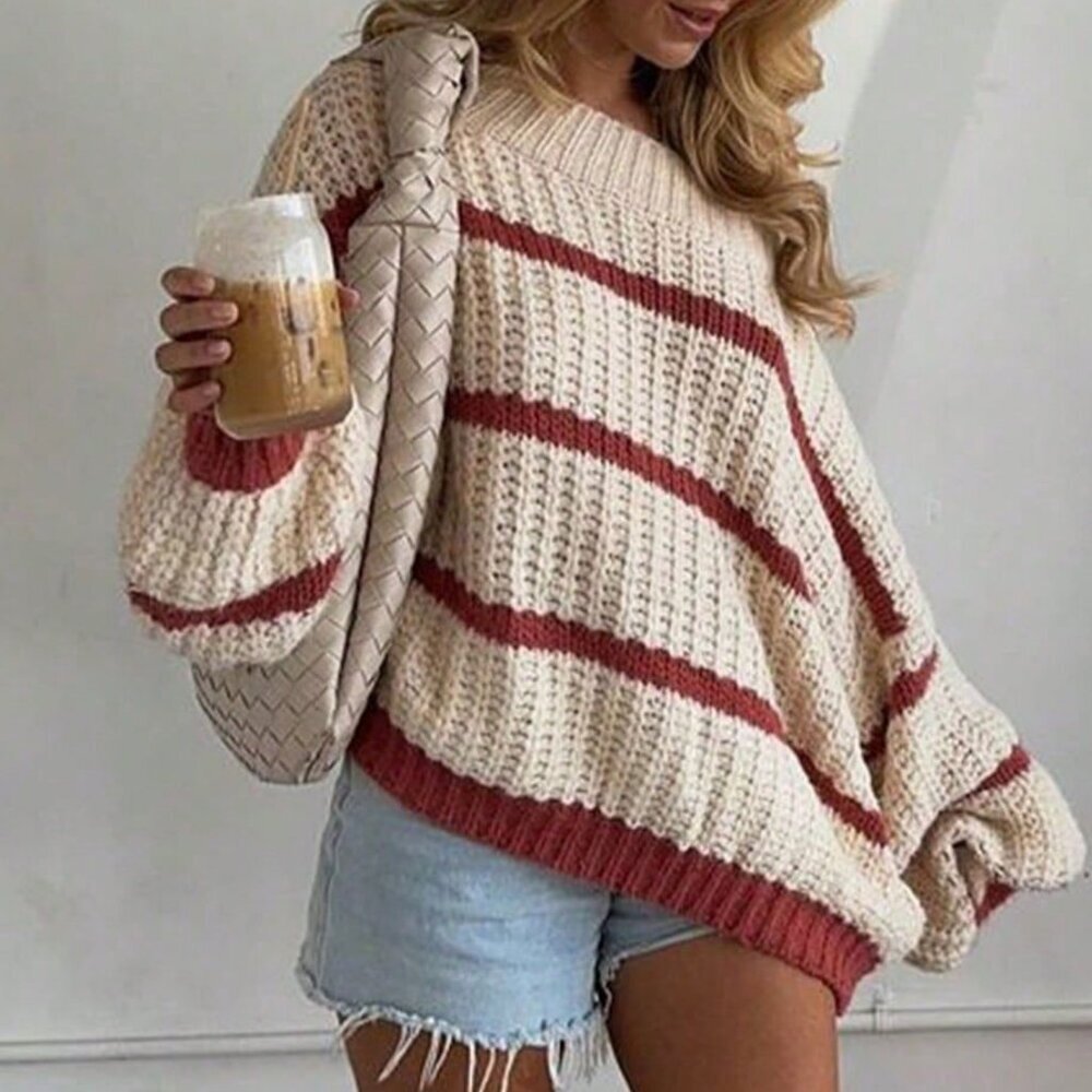 Red And White Casual Colorblock Women's Striped Loose Pullover Sweater - Picture 5 of 11